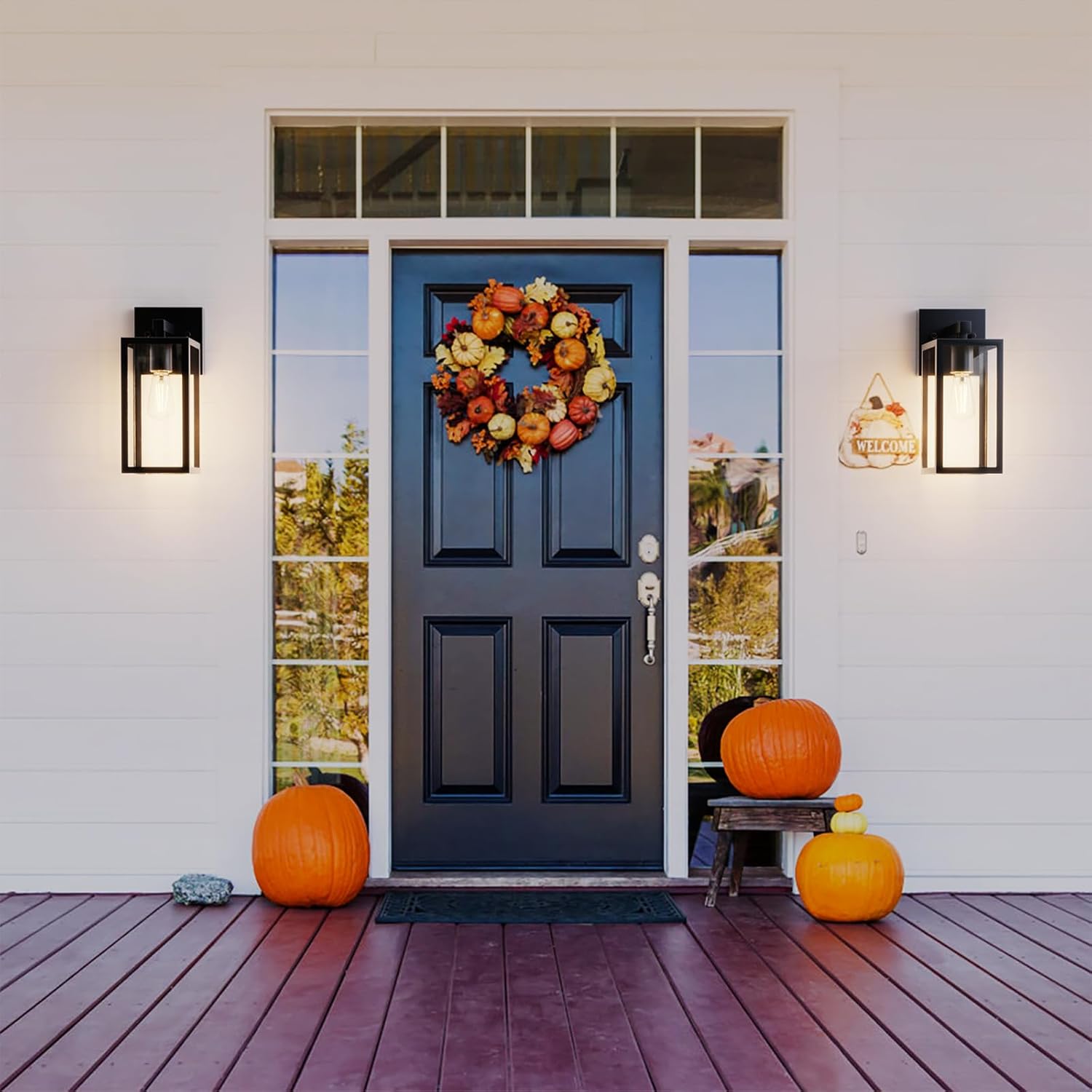 Kalium Porch Lights Outdoor Wall Light Fixture 2pcs, Matte Black, Wall Sconce 12.4 in, Toughened Frame, Clear Glass Shade, Waterproof Lanterns, Suitable for Patio, Exterior, Front, Door, Entryway - Image 2