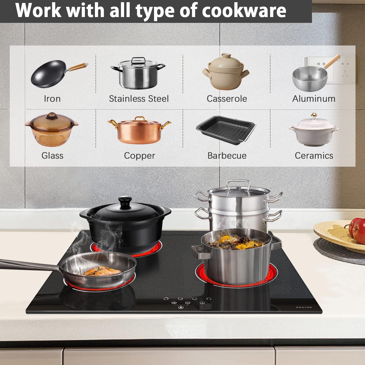 Noxton 24 Inch Electric Cooktop 4 Burners Electric Stove, Built-in Ceramic Cooktop with Touch Control Child Lock Timer Easy To Clean with Hard Wire 6000W 240V - Image 3