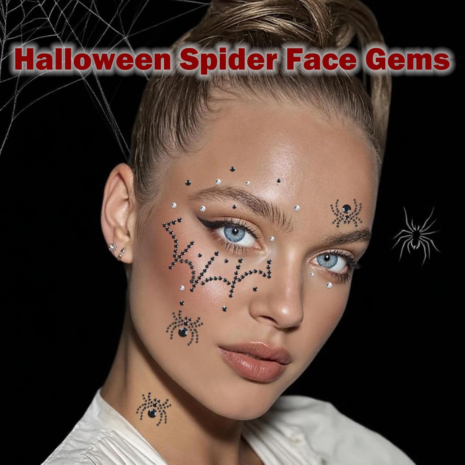NOOEPC 3D Spider Web Face Gems, Halloween Makeup Face Jewels for Women, Hair Gems Clear Face Rhinestones, Halloween Makeup for Women Face Stickers Spider Costume - Image 3