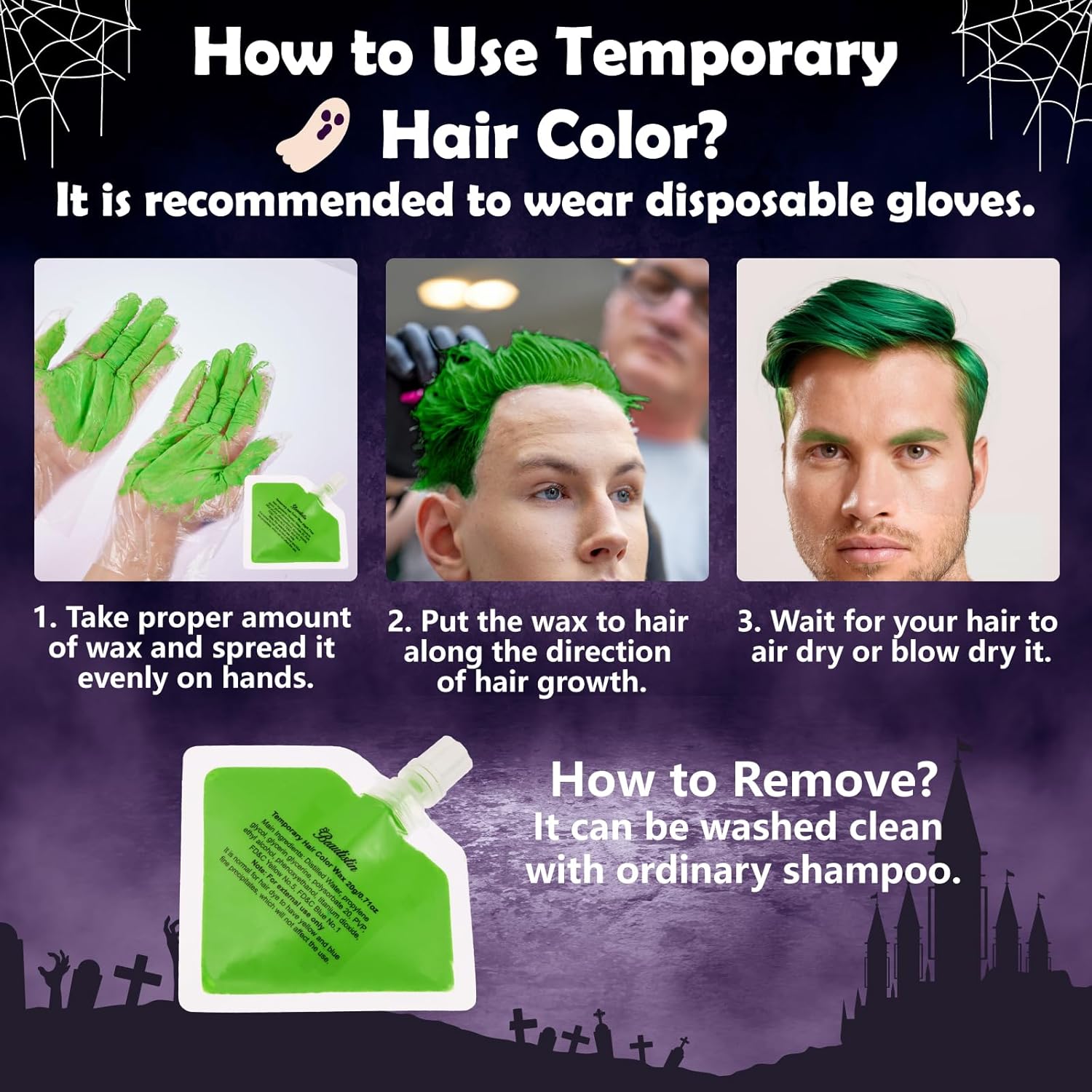 Halloween Joker Clown Makeup Kit - Joker Make Up Kit Includes White Red Black Blue Oil Based Face Body Paint and 20g Green Temporary Hair Color Wax, Powder Puff and 3 Blue Brushes, for Joker Cosplay - Image 6