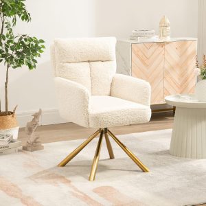 Desk Chair No Wheels 180°Swivel,Makeup Vanity Chair with Gold Legs,Ergonomic Criss Cross Chairs for Bedroom,Living Room,Home Office - Beige