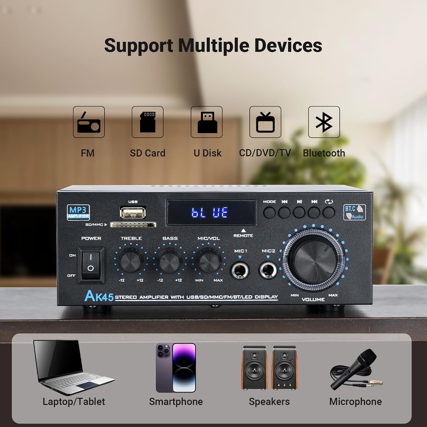 Stereo Receiver & Amplifier Home Audio Amp, AK45 Bluetooth Receiver for Home Stereo, 300Wx2, Bluetooth 5.0, 2 Channel, w/FM & Karaoke, w/USB/SD/RCA/MIC/FM in, w/Remote, for Garage Party Market - Image 3
