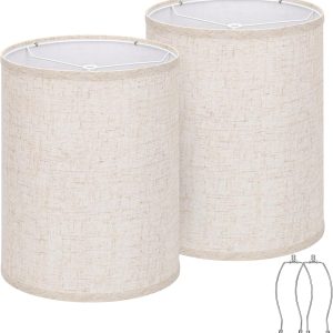 Tall Drum Lamp Shades Set of 2, 10"Top x10" Bottom x 13"High, Beige Lampshade for Table Lamp Floor Lamp, Replacement Lampshades Natural Linen Handcrafted, Spider, Harp Holders Included, Easy Assembly