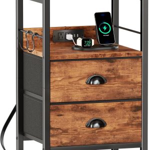 Furologee End Table with Charging Station, Nightstand with Fabric Drawers, Side Table with USB Ports & Outlets, Night Stand with Storage Shelf & Hooks, for Living Room/Bedroom, Rustic Brown