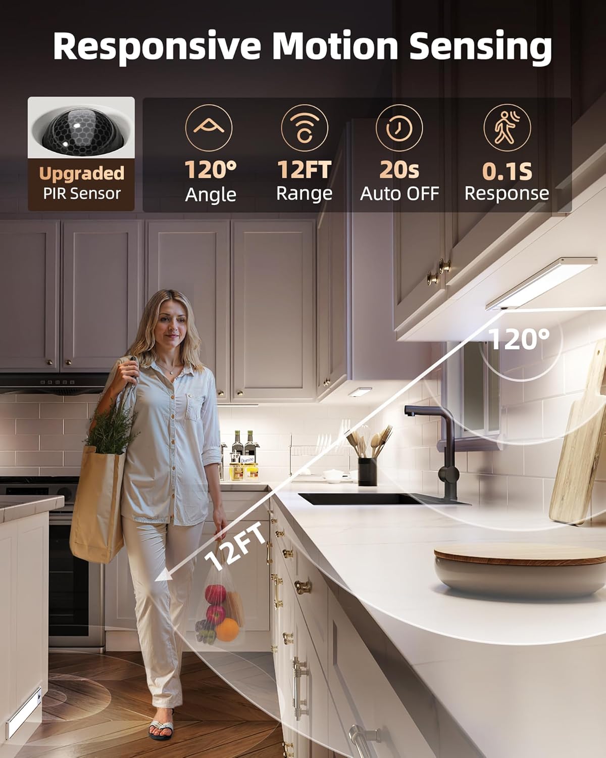 EZVALO 4-Pack Under Cabinet Lights, 2300mAh Rechargeable Motion Sensor Light Indoor, Wireless Closet Lights Battery Operated, with 3 Color Temps, Dimmable, Magnetic, for Kitchen, Stair, Pantry(8inch) - Image 3