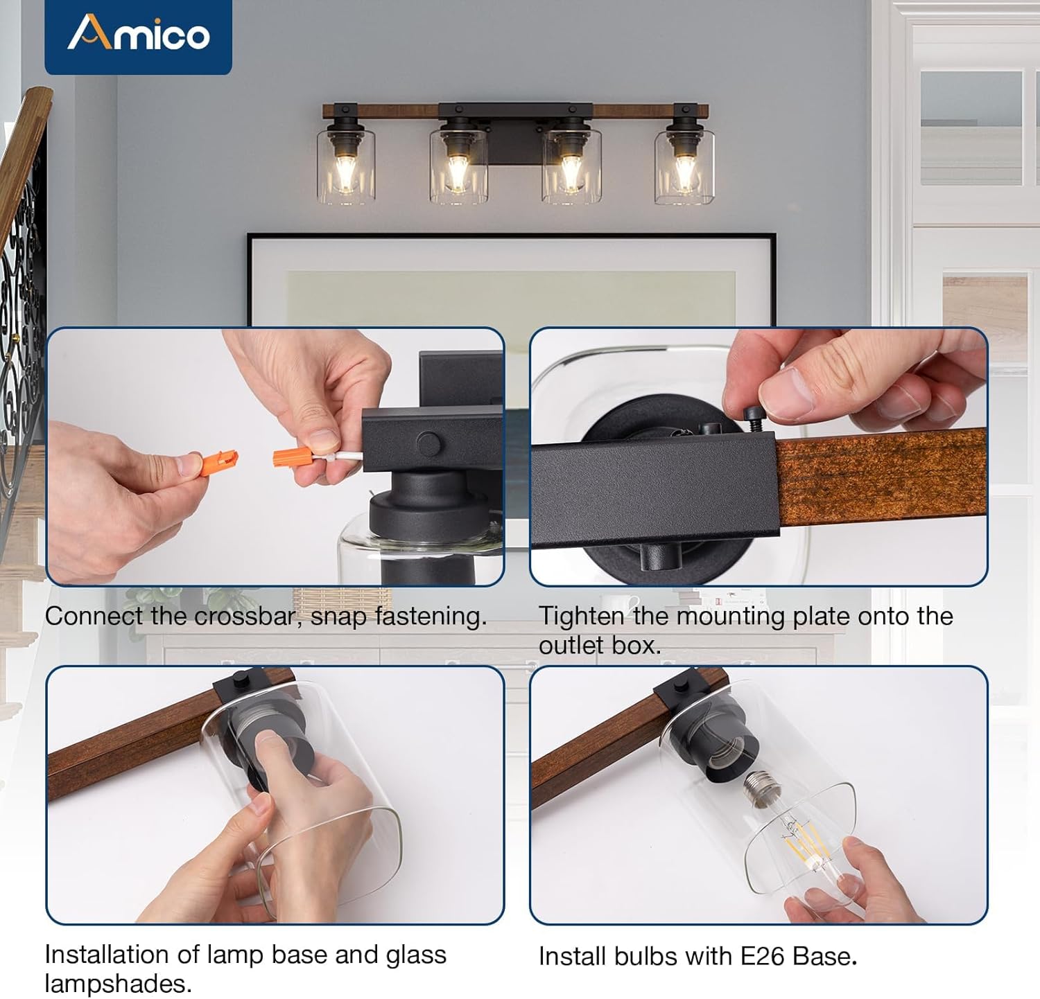 Amico 4-Light Bathroom Vanity Light Fixtures, Rustic Industrial Painted Wood Farmhouse Light fixtures, Vintage Black Wall Sconces Bathroom Vanity Lighting with Clear Glass Shade - Image 8