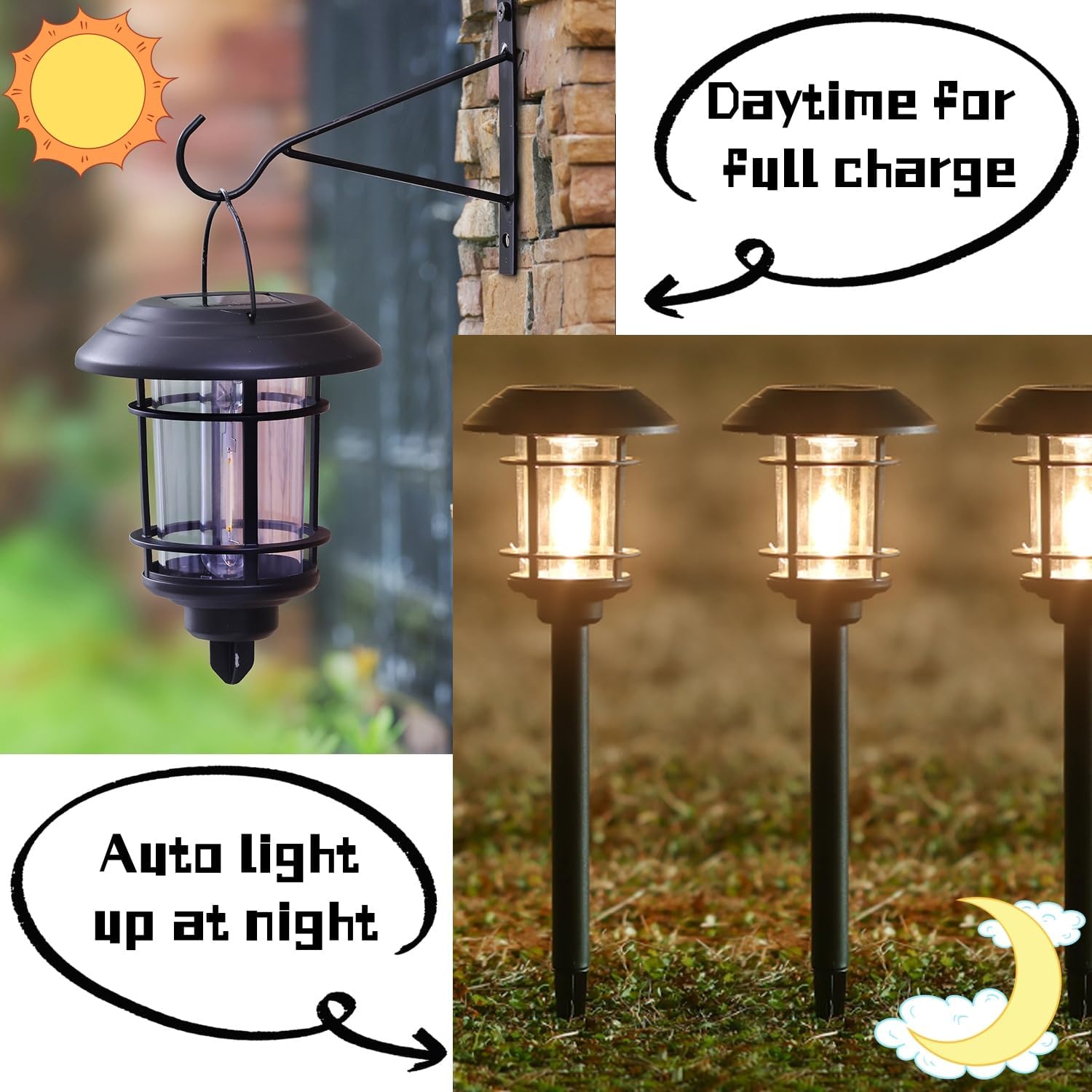 Dynaming 6 Pack Dual Use Solar Path Lights Outdoor, Hanging Lantern Solar Garden Lights with Edison Bulb, Landscape Lighting, Waterproof & Auto On/Off for Patio Pathway Walkway Driveway, Warm White - Image 3