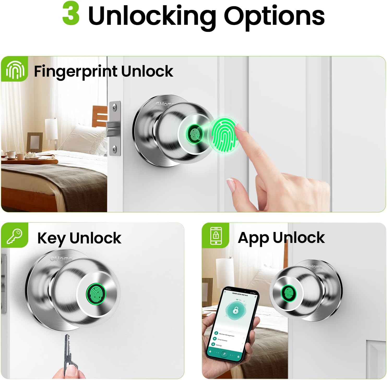 GHome Smart Fingerprint Door Lock, 3 in 1 Smart Fingerprint Door Knob with App Control & Key, Auto Lock, Biometric Door Knobs with Lock for Bedroom, Garage, Home & Office - Image 2