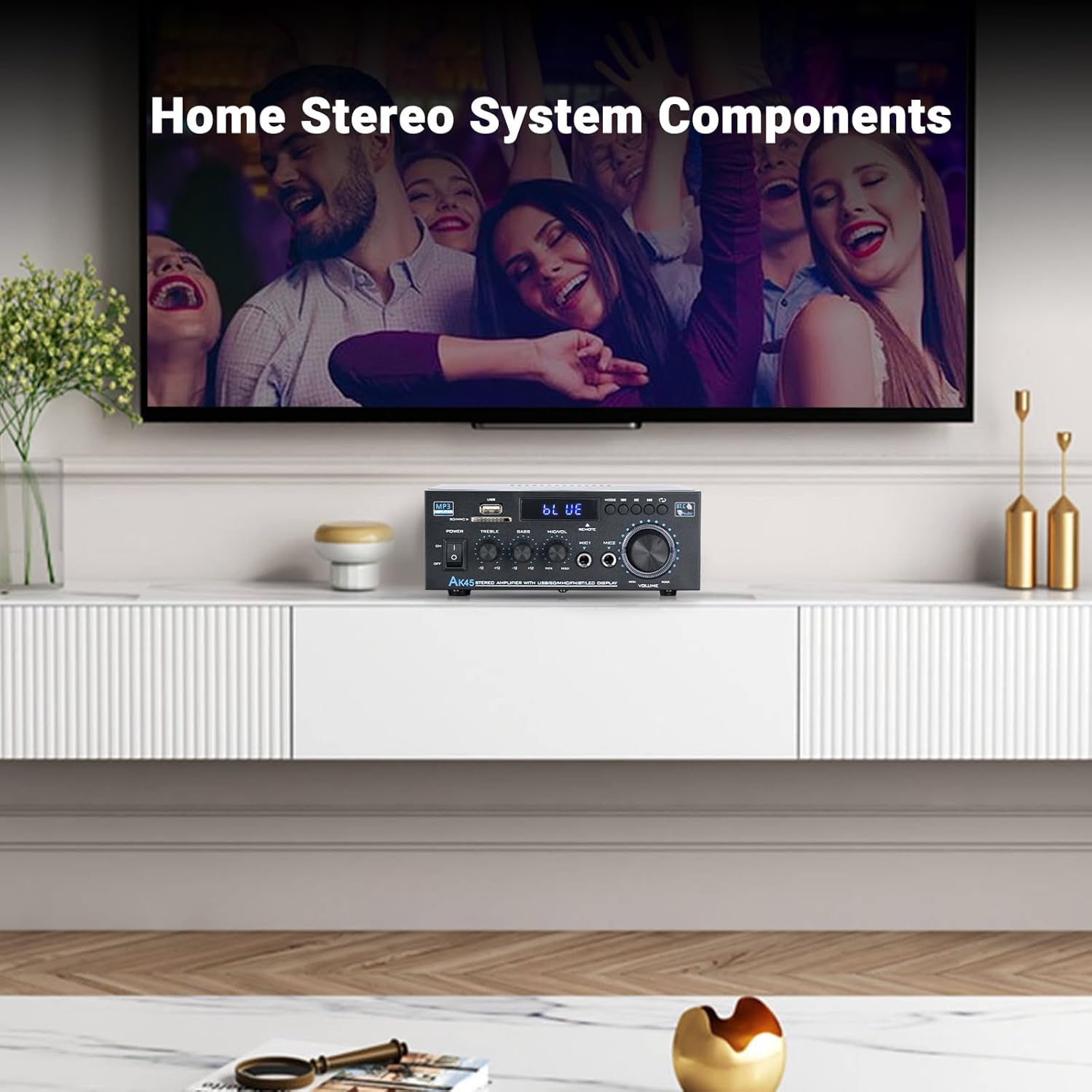 Stereo Receiver & Amplifier Home Audio Amp, AK45 Bluetooth Receiver for Home Stereo, 300Wx2, Bluetooth 5.0, 2 Channel, w/FM & Karaoke, w/USB/SD/RCA/MIC/FM in, w/Remote, for Garage Party Market - Image 5