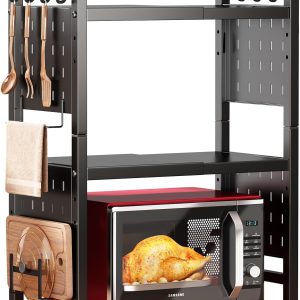 Microwave Stand, 3-Tier Expandable(17.4"- 27.4") Heavy Duty Adjustable Shelf Microwave Oven Rack, Kitchen Countertop Organizer and Storage with 9 Hooks & Cutting Board Holder, Holds up 180 lbs, Black