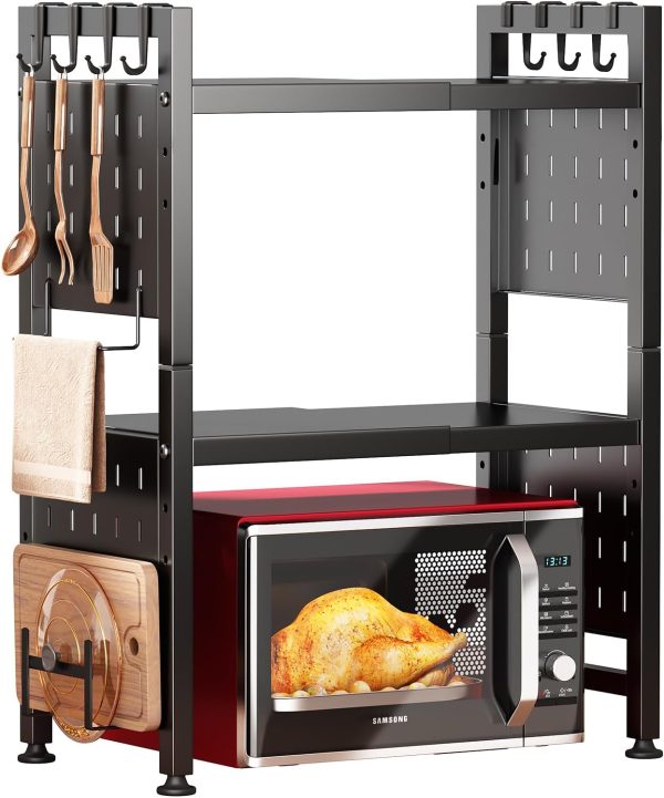 Microwave Stand, 3-Tier Expandable(17.4"- 27.4") Heavy Duty Adjustable Shelf Microwave Oven Rack, Kitchen Countertop Organizer and Storage with 9 Hooks & Cutting Board Holder, Holds up 180 lbs, Black