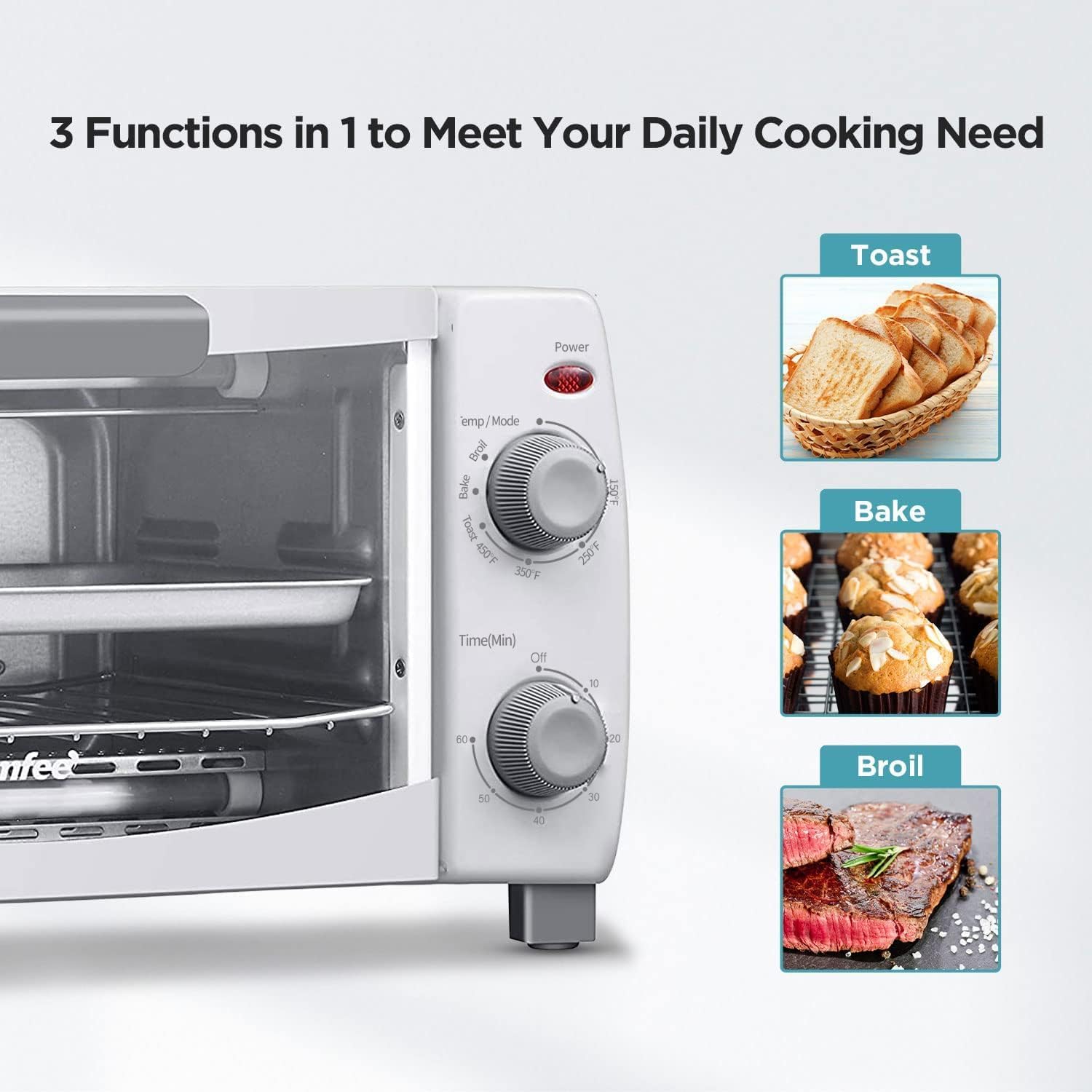 Dominion 4 Slice Small Toaster Oven Countertop, Retro Compact Design, Multi-Function with 30-Minute Timer, Bake, Broil, Toast, 1000 Watts, 2-Rack Capacity, White - Image 6