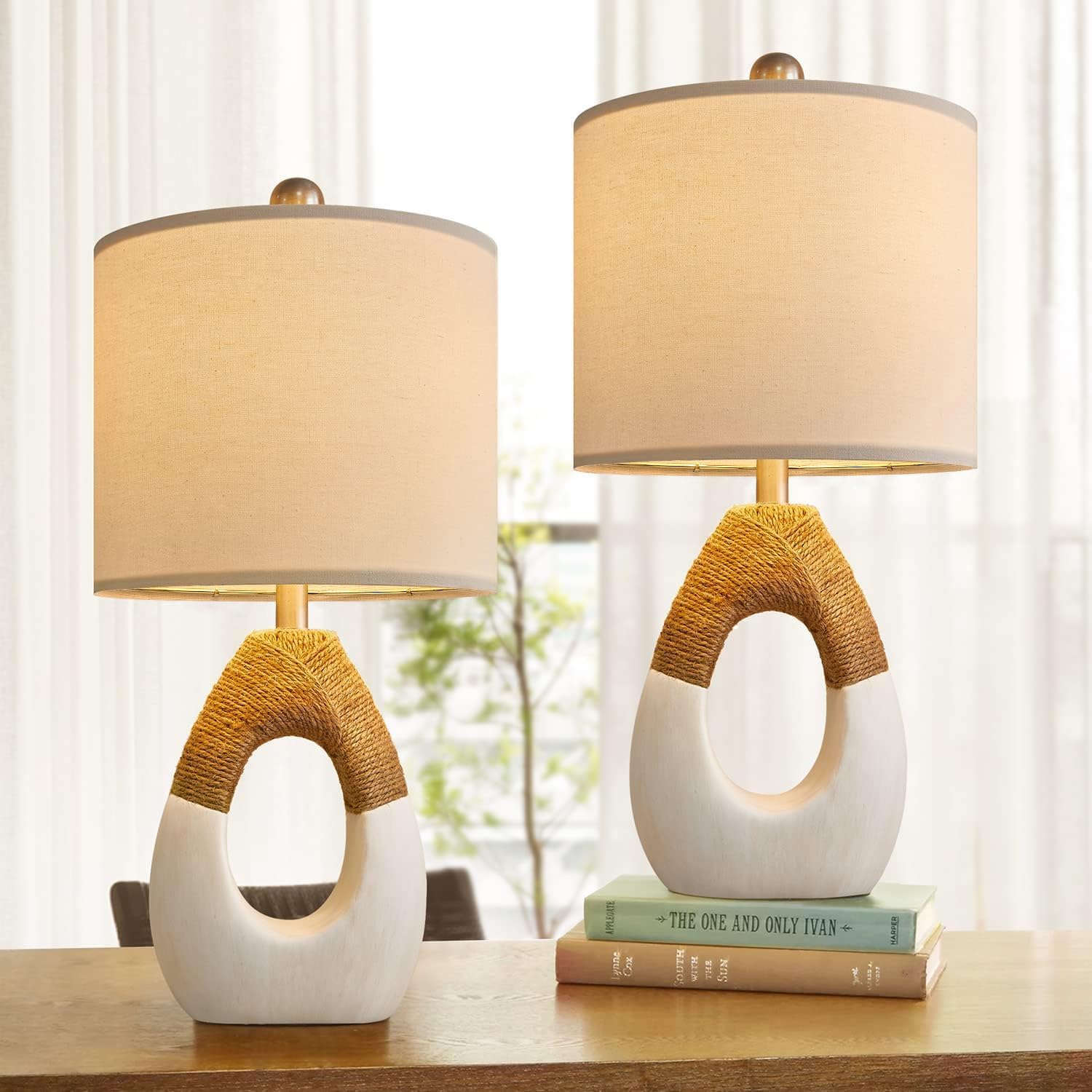 OYEARS Boho Table Lamps Bedroom Living Room Set 2 Small Farmhouse Rattan Table Lamp 19”Rustic Home Decoration Nightstand Bedside Lamp for Office Compatible with Smart Light Bulbs(Not Include Bulbs) - Image 6