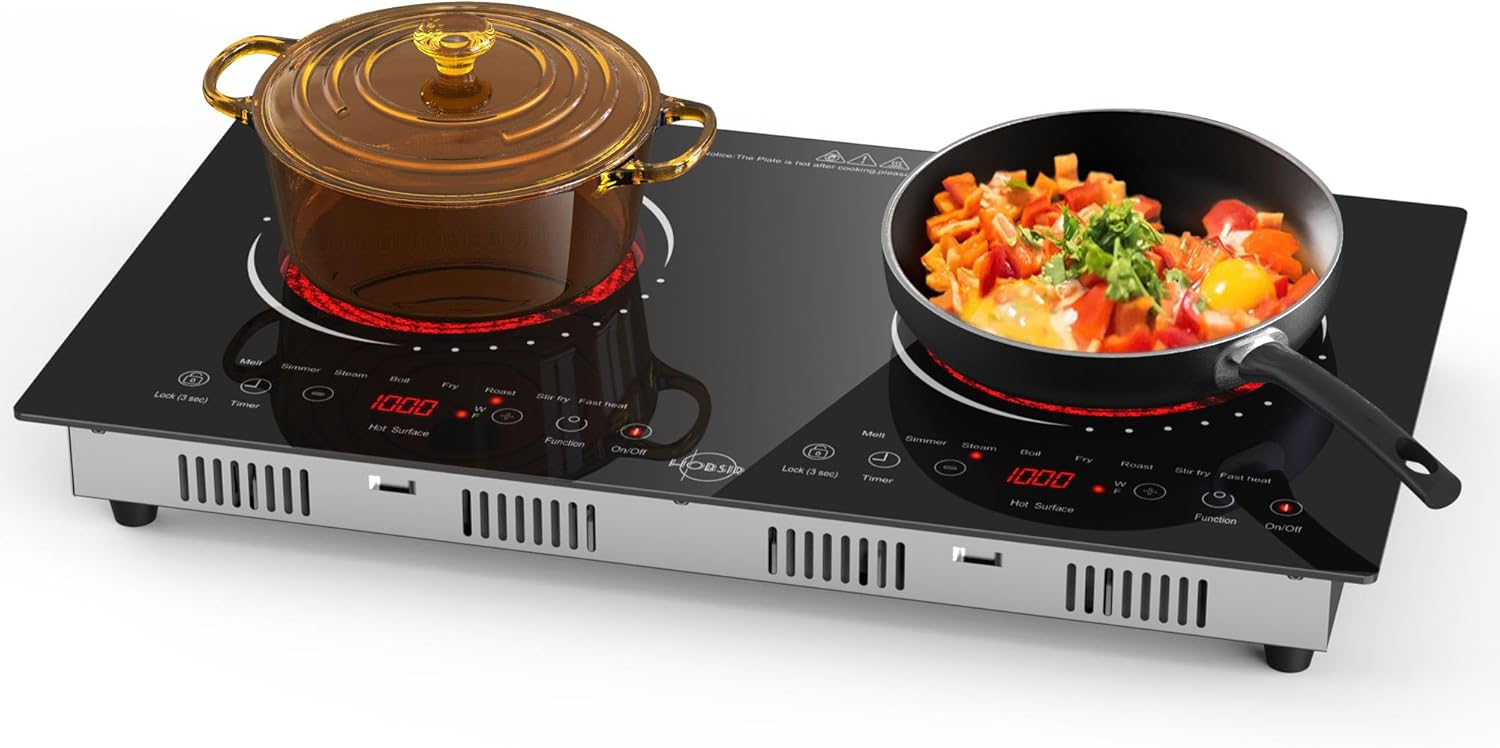 Hobsir 2 Burner Electric Cooktop 110v, 2000W, Electric Stove Top Burner, 24 Inch Countertop and Built-in Hot Plate Stove with Plug, LED Touch, Menu, Safety Lock for Kitchen Apartment RV Camp Stoves