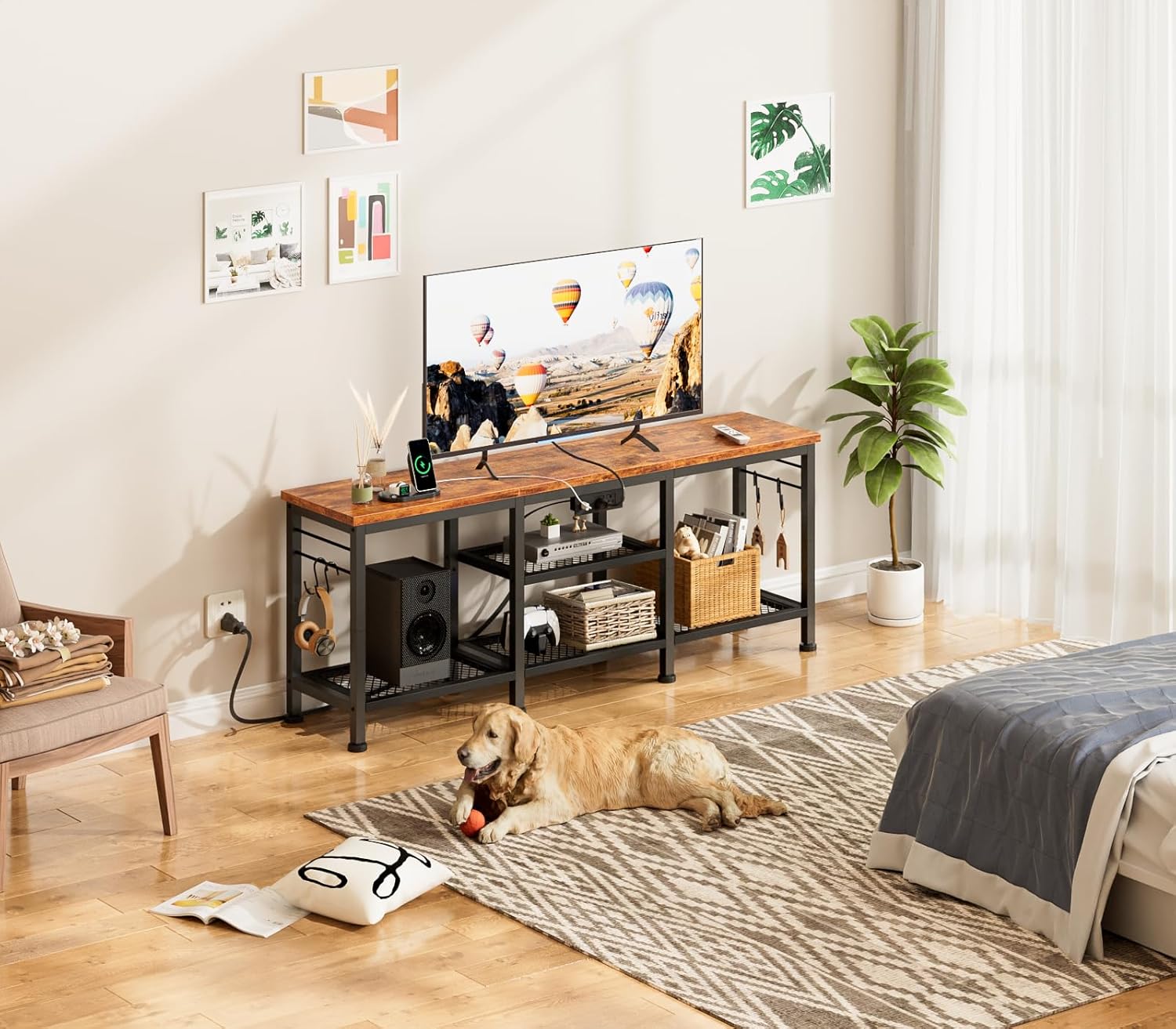 Furologee TV Stand with Power Outlets, Entertainment Center with Open Storage Shelves for TVs up to 55 Inch, Media Console Table with Soundbar Shelf for Living Room, Bedroom, Rustic Brown - Image 5