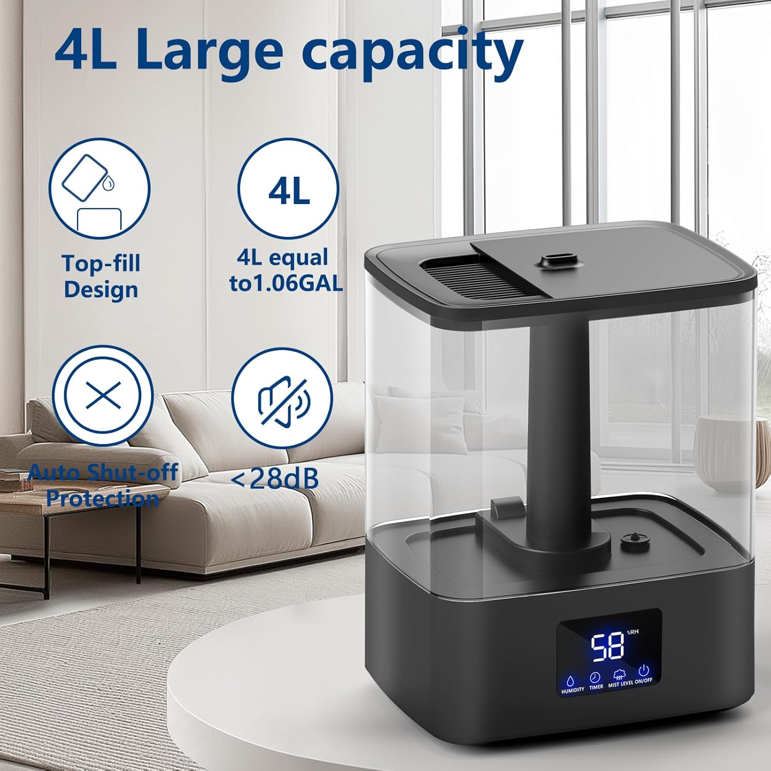 KZF 4L Top Fill Humidifiers for Bedroom & 60H Runtime - Cool Mist Humidifier, 3 Mist Levels, 8H Timer, Essential Oil Tray, Humidity Display, Quiet for Bedroom, Baby, Plants, Large Room - Image 2