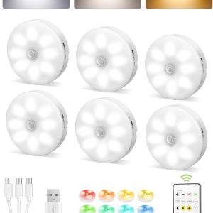 EZVALO 6-Pack Under Cabinet Lighting, Rechargeable Motion Sensor Puck Lights with Remote, 3 Color Temps &12 RGB Colors, Magnetic Stick on Light, Dimmable Under Counter Lights for Kitchen, Shelf, Stair