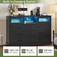 Hasuit 6 Drawer Dresser with LED Lights and Charging Station, Farmhouse Chest of Drawers Closet Organizer, Clothes Storage Cabinet Double Dressers for Bedroom, Living Room, Hallway, Black - Image 4