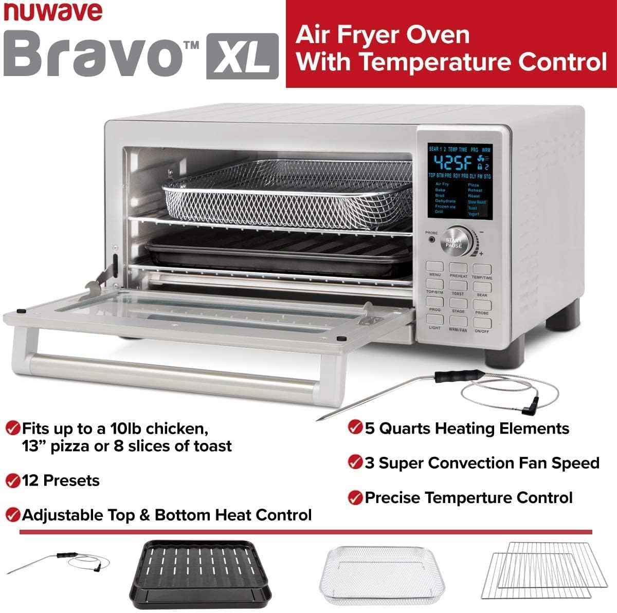 Nuwave Bravo Air Fryer Toaster Smart Oven, 12-in-1 Countertop Convection, 30-QT XL Capacity, 50°-500°F Controls, Top and Bottom Heater Adjustments 0%-100%, Brushed Stainless Steel Look (Renewed) - Image 2
