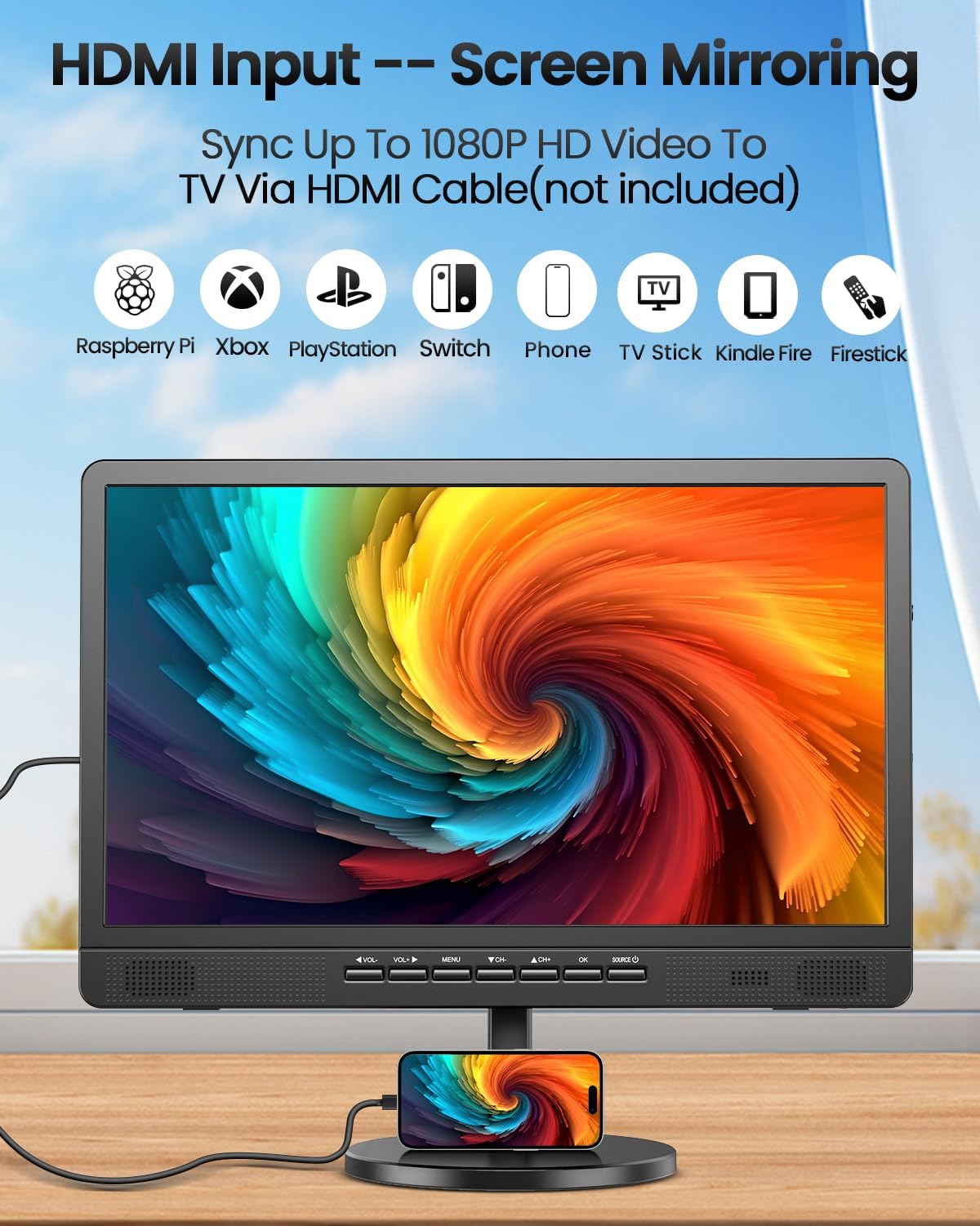 Desobry 18.5" Portable TV with Antenna, 6500mAh Built-in Power Operated TV, 12 Volt Small TV Support HDMI/AV/USB/Headphone Jack Input,Portable T V for Camping, RV, Patio, Kitchen, Indoor, Outdoor - Image 5