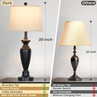 30" Tall Table Lamps Set of 2, Touch Control Bedside Lamp with USB A+C Ports and AC Outlet, 3-Way Dimmable Modern Metal Nightstand Lamp for Bedroom Living Room, 2 LED Bulbs Included, Black - Image 3