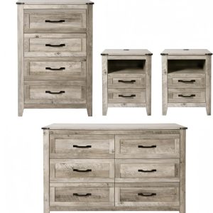 4PCS Farmhouse Dresser Set, Dresser and Nightstand Sets, Rustic Wooden Dresser Set. Including 6 Drawer Dresser & 4 Drawer Dresser & 2 Drawer Nightstand Set of 2 with USB. Light Rustic Oak