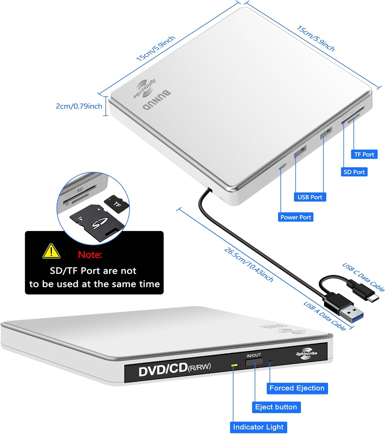 BUNUD LightScribe DVD Burner for Laptop: External Portable USB C CD/DVD Drive Compatible with Mac Windows Linux for Disc Labeling Wedding Photos with SD/TF/2 USB Ports Plug & Play(Silver) - Image 3