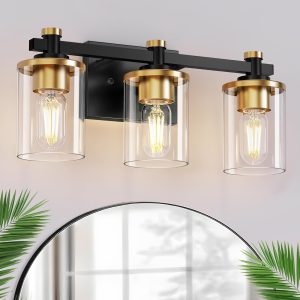 L LOHAS LED 3 Light Bathroom Vanity Light, Black and Gold Bathroom Light Fixture Over Mirror, Modern Lighting Fixtures with Clear Glass Shade, Vintage Vanity Lights for Bathroom Mirror Hallway, ETL