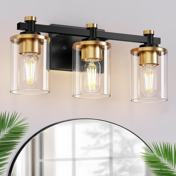 L LOHAS LED 3 Light Bathroom Vanity Light, Black and Gold Bathroom Light Fixture Over Mirror, Modern Lighting Fixtures with Clear Glass Shade, Vintage Vanity Lights for Bathroom Mirror Hallway, ETL