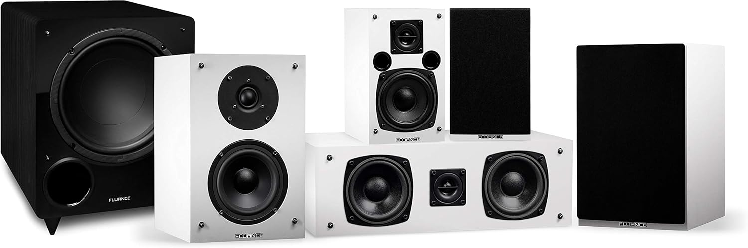 Fluance Elite High Definition Compact Surround Sound Home Theater 5.1 Channel Speaker System Including 2-Way Bookshelf, Center Channel, Rear Surrounds and DB10 Subwoofer - White (SX51WHC)