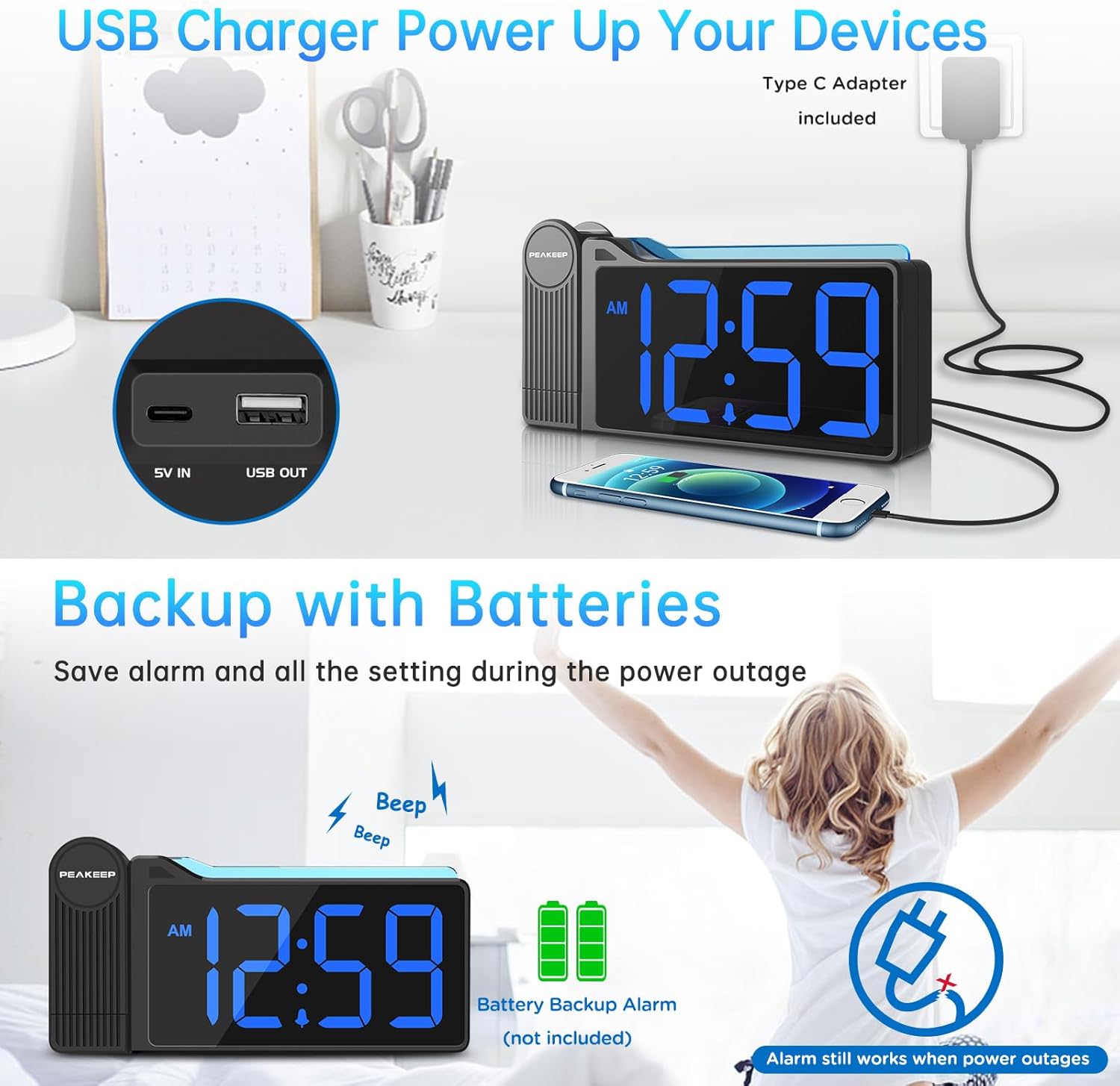 Peakeep Projection Alarm Clock for Bedroom Ceiling 180° Rotatable, Loud for Heavy Sleepers, Colorful Nightlight, 5 Brightness Dimmable Large Number Bedside Electric LED Digital Clock with USB Port - Image 7