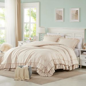 Cupocupa Beige Queen Comforter Set, 3Pcs Comforters Ruffle Farmhouse Bedding Sets Queen with Comforter, Lightweight Soft Shabby Chic Bedding Comforter Set Fluffy for All Season