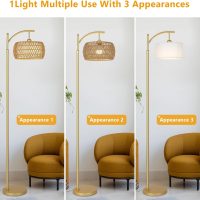 Arc Floor Lamp with 3 Color Temperatures, LED Gold Floor Lamp with Remote & Stepless Dimmable Bulb, Boho Standing Lamp with Rattan & Fabric Shades, Farmhouse Tall Lamp for Living Room Bedroom - Image 6