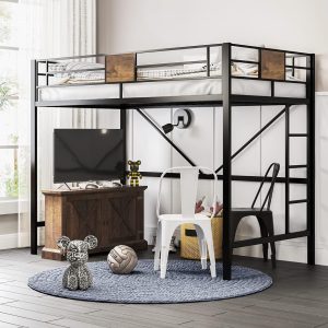 SHA CERLIN Loft Bed Twin Size with Ladder and Guardrail,Rustic Design,Metal Slats Support No Box Spring Needed Small Space Saving Furniture for Bedroom Dorm