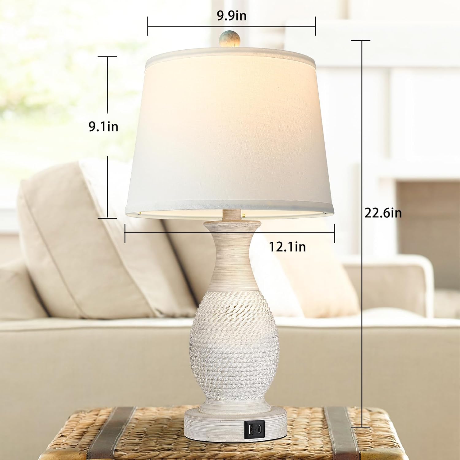PARTPHONER Table Lamps Set of 2, Bedside Touch Lamp with USB C+A Charging Ports, Side Table Lamp with White Fabric Shade (LED Bulbs Included) - Image 6