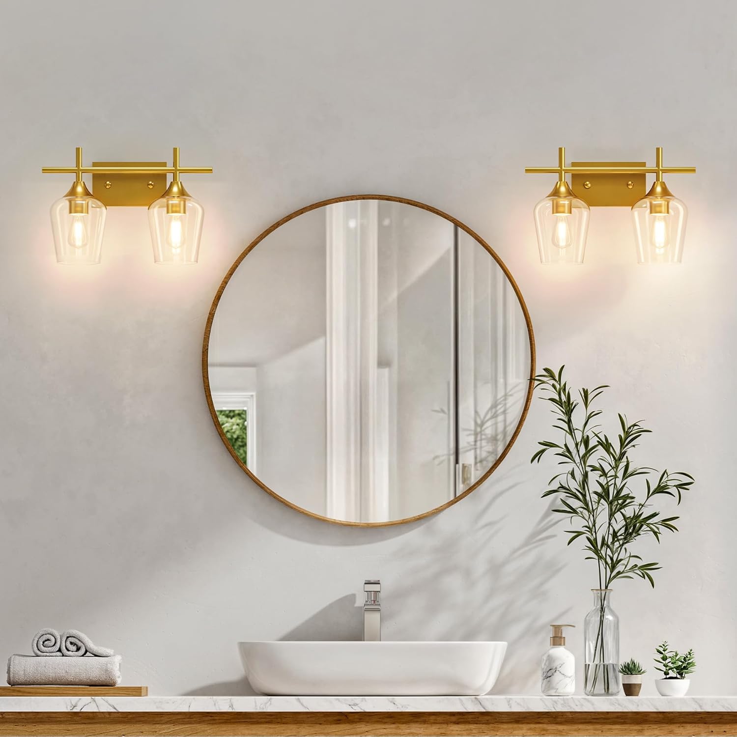 VONLUCE Bathroom Vanity Light, 2 Light Bathroom Light Fixture Over Mirror, Bathroom Wall Lamp with Clear Glass, Modern Gold Vanity Lighting fixtures for Bathroom, Bedroom, Hallway - Image 3
