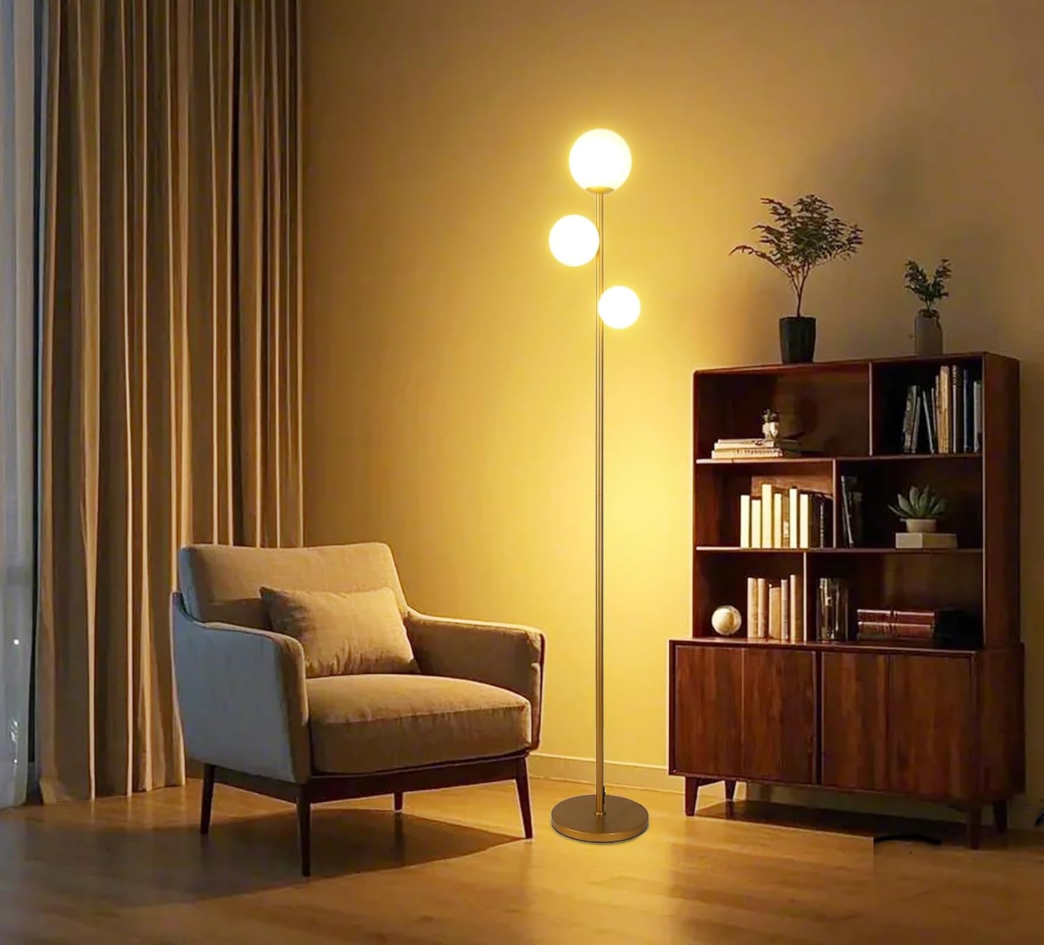 Fiqevs 3 Globe Mid Century Modern Floor Lamp for Living Room, Gold Standing Lamp with Frosted Glass Shade and 3x2700K Warm LED Bulbs, Vintage Retro Tall Lamps for Bedrooms, Office - Antique Brass - Image 5
