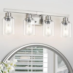 Bathroom Vanity Light, 4-Light Nickel Modern Matte Wall Sconce Lighting with Clear Glass Shade, Wall Lights,Bath Vintage Wall Mounted Lamps for Mirror Bedroom Living Room