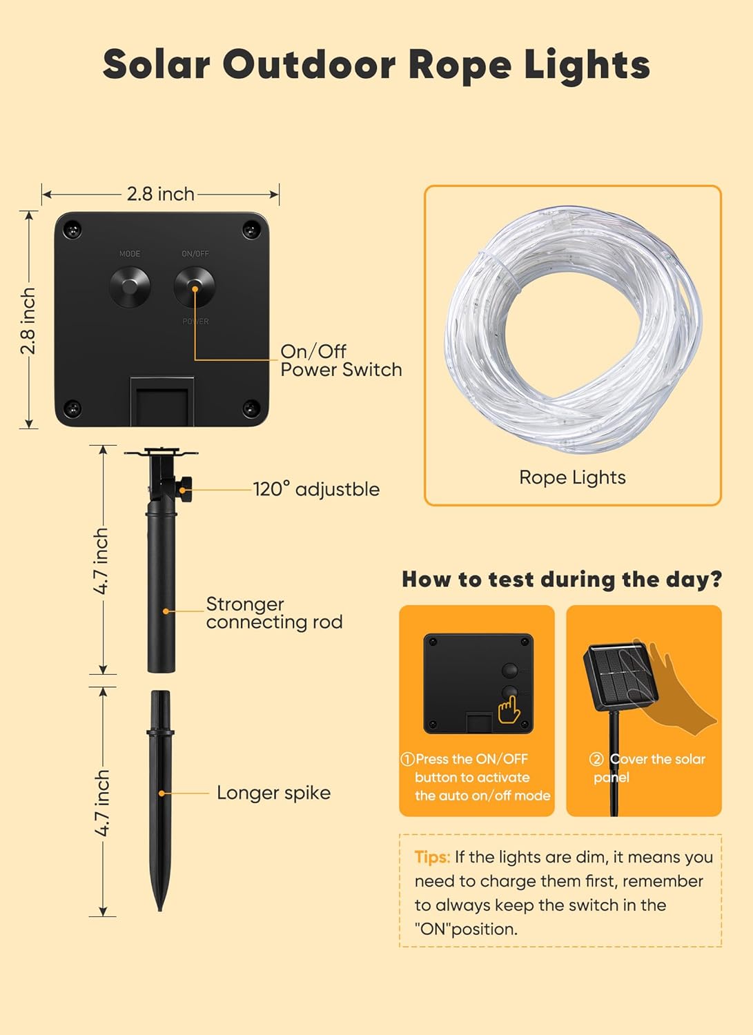 Brightown Solar Rope Lights, 39FT 100LED Outdoor Solar String Lights, IP65 Waterproof Solar Powered Fairy Lights with 8 Lighting Modes for Party Garden Yard Home Holiday Tree Decoration, Warm White - Image 5