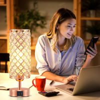 Hong-in Crystal Table Lamp - 3-Way Dimmable Touch Control, Rose Gold Bedside Lamp with USB C and A Ports, Nightstand Light for Living Room, Bedroom, Home Office (Bulb Included) - Image 8