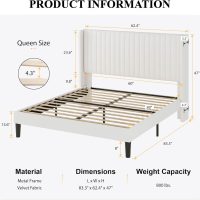 SHA CERLIN Queen Size Velvet Bed Frame with Vertical Channel Tufted Wingback Headboard, Upholstered Platform Bed with Wood Slats, No Box Spring Needed, Easy Assembly, White - Image 2
