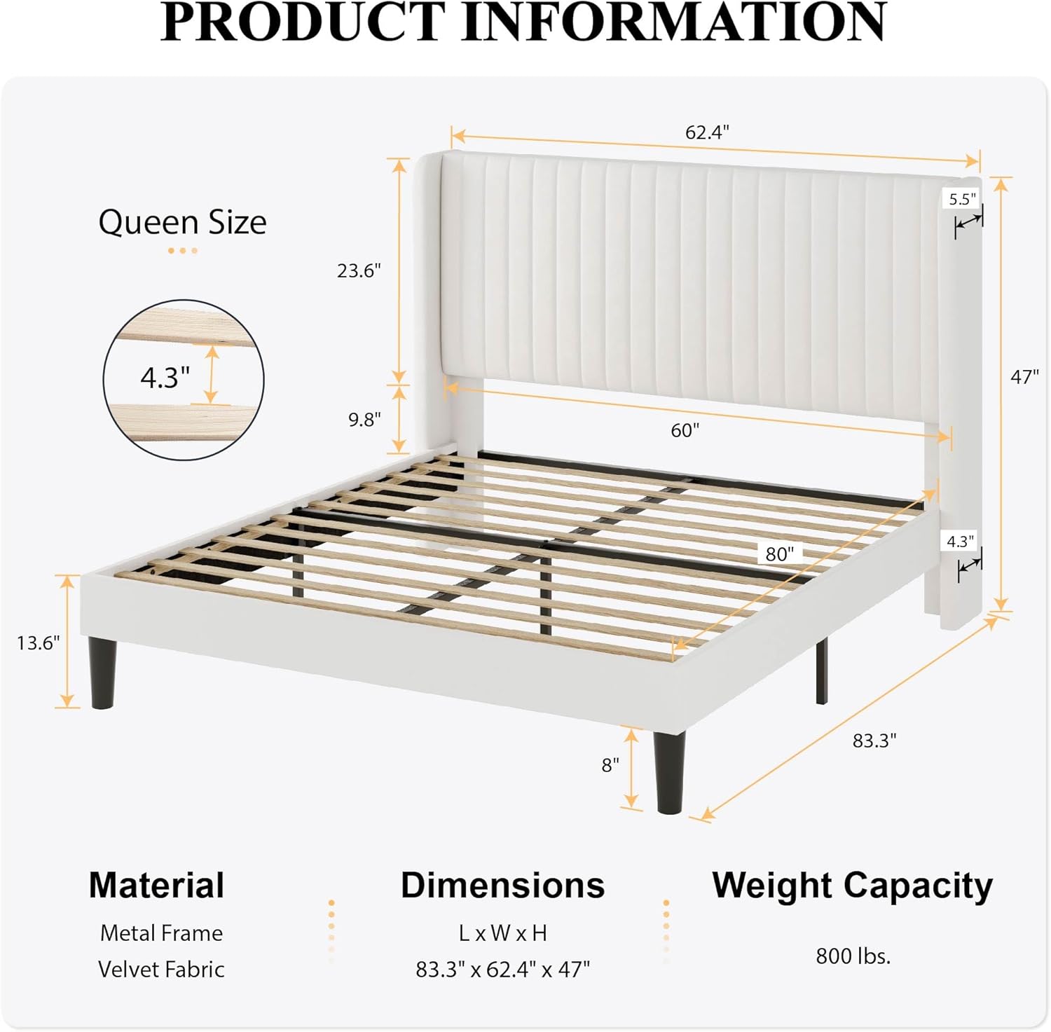 SHA CERLIN Queen Size Velvet Bed Frame with Vertical Channel Tufted Wingback Headboard, Upholstered Platform Bed with Wood Slats, No Box Spring Needed, Easy Assembly, White - Image 2