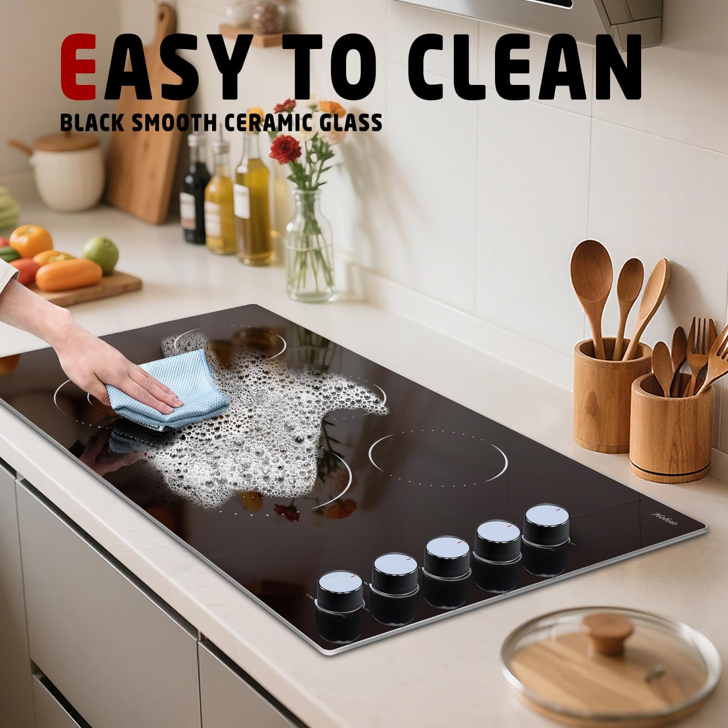Hobsir Electric Cooktop 36 Inch, Electric Stove Top Burner, 5 Burners 36 Cooktop, Knob Control 8400W Drop-in Ceramic Stove with Glass Metal Frame, Dual Ring, 220-240V, Hard Wired (No Plug) - Image 7
