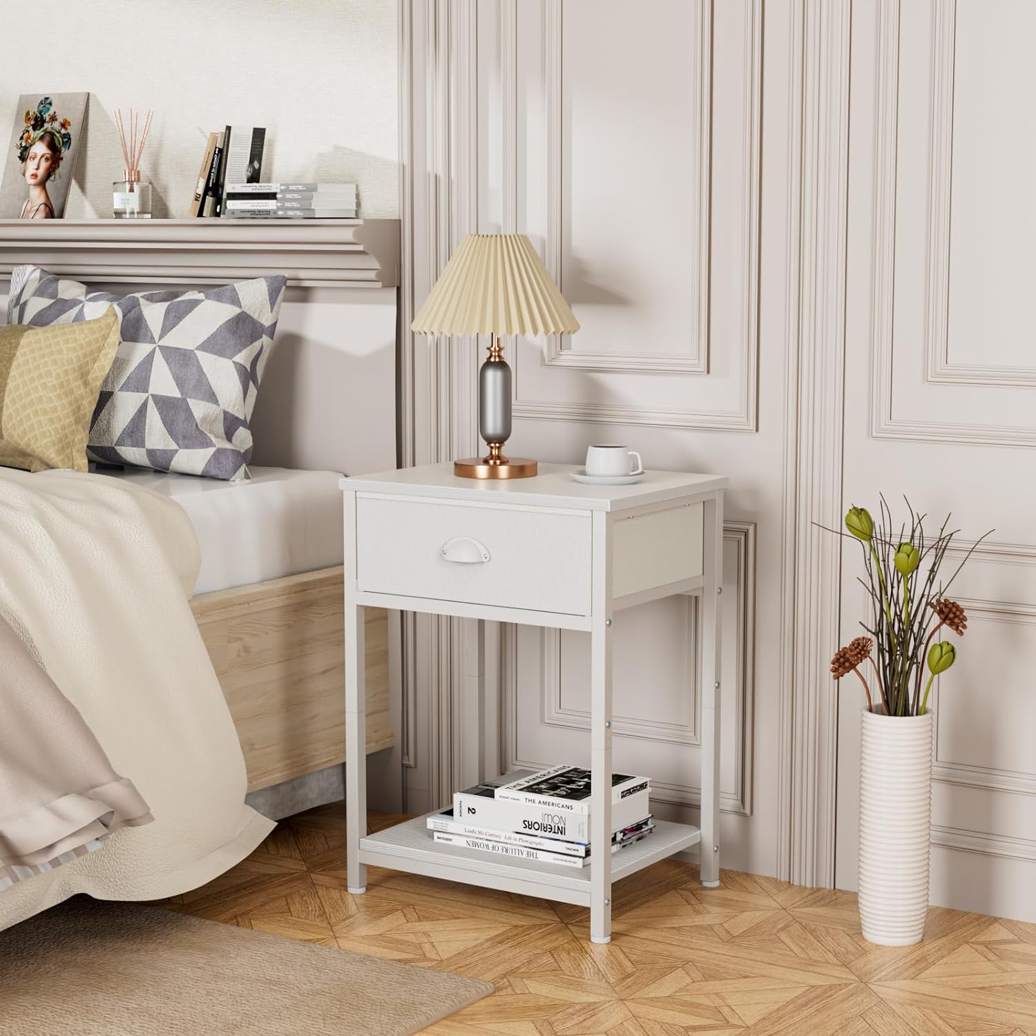 Furologee White Nightstands Set of 2, End Table with Fabric Drawer, Small Side Table for Small Spaces, 2 Tiers Storage Shelves End Table, Bedside Table for Living Room, Bedroom, Dorm - Image 6