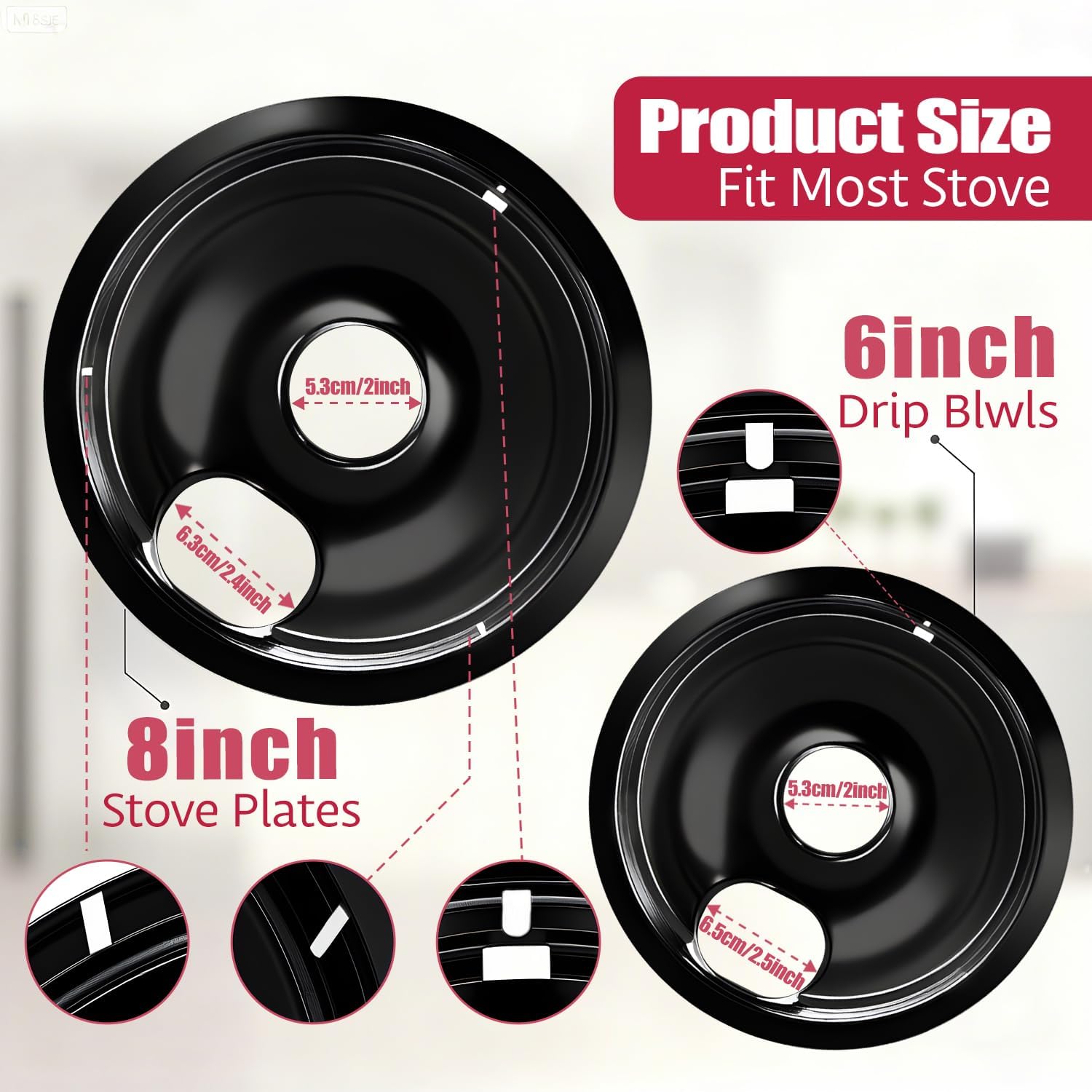 Electric Stove Drip Pans, Replacement Chrome Drip Pans for Electric Stove Compatible with Most Plug-in Electric Ranges include Black 2 * 6in and 2 * 8in (Set of 4 Burner Drip Pan) - Image 2