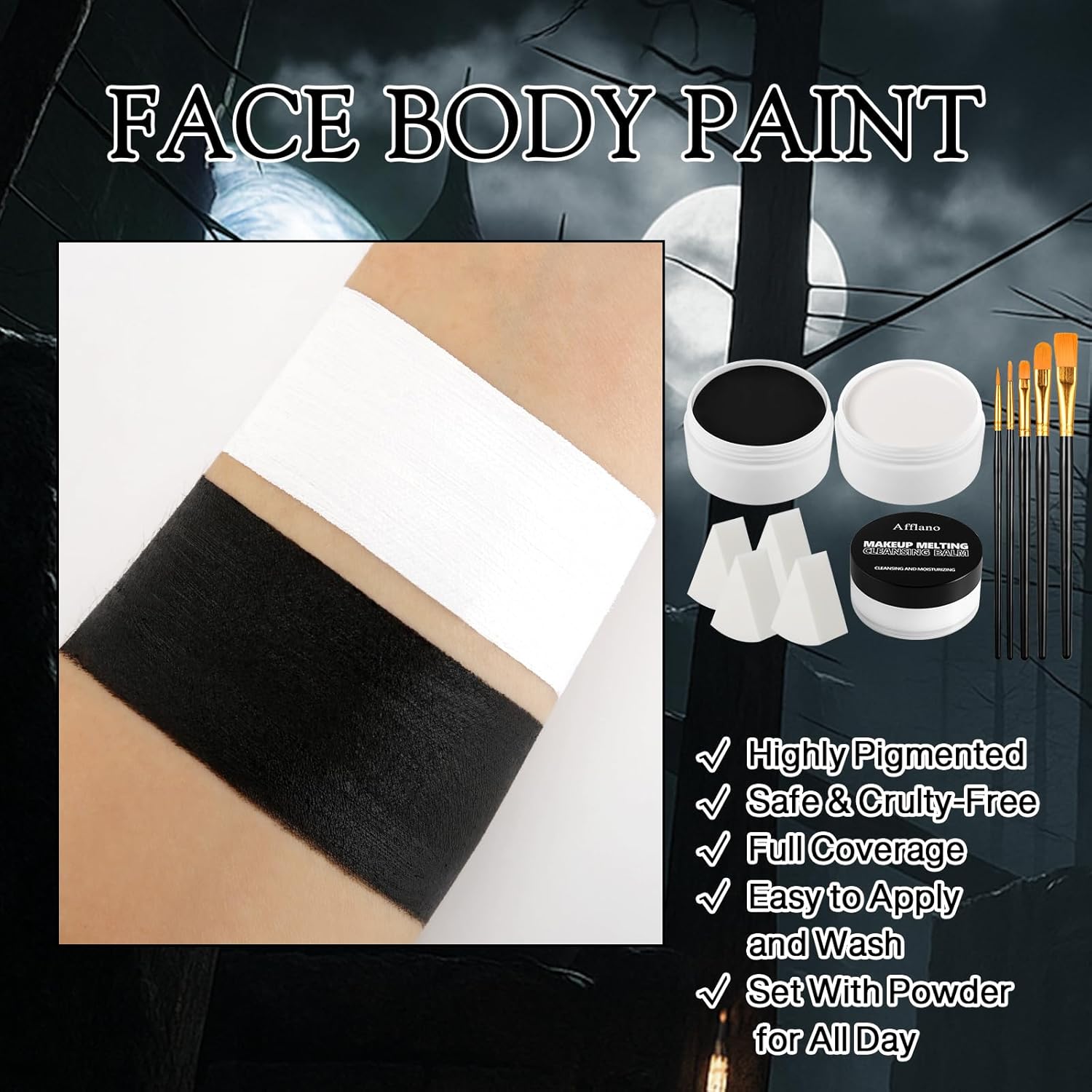 Black & White Face Paint Kit – Large 50g Oil-Based Grease Makeup Jars with Remover, 5 Brushes & 4 Sponges – Halloween, Cosplay & Stage SFX Makeup Set - Image 5