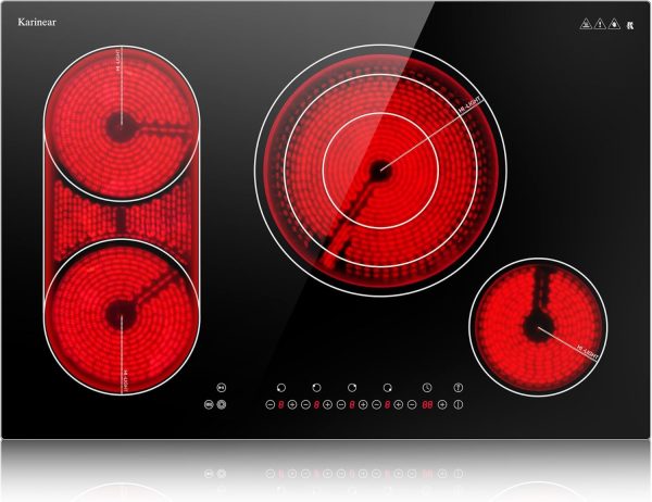 Karinear Electric Cooktop 30 Inch, 4 Burners Electric Stove Top, Flexible Bridge &Triple Ring Expandable Burners, Pause, Timer, Child Safety Lock, 7800W Built-in Ceramic Cooktop for 220-240V Hard Wire