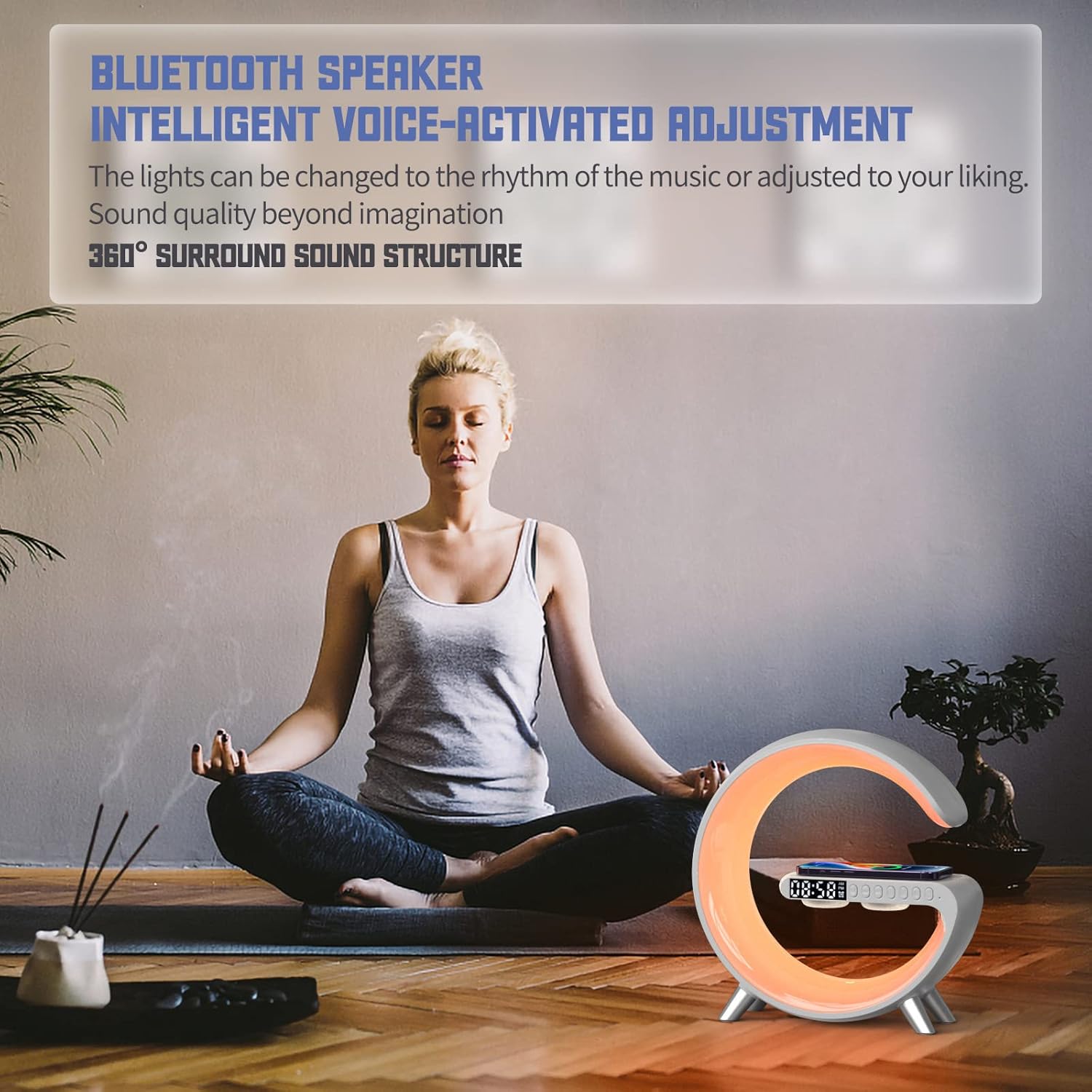 BKDRL Bluetooth Speaker Lamp with Wireless Charger, RGB Night Light, Alarm Clock, App Control - White - Image 7