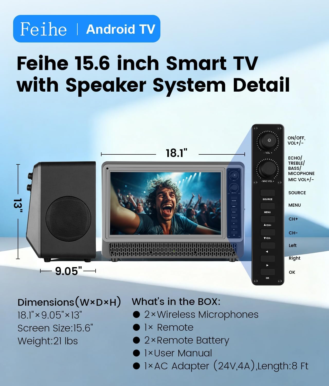 Feihe 15.6 inch Small Smart TV with Speaker System, Loud Portable Bluetooth Speaker Design Retro Smart Television, Karaoke Wireless Microphones, Support HDMI/AUX/USB for Home Party Camping - Image 7