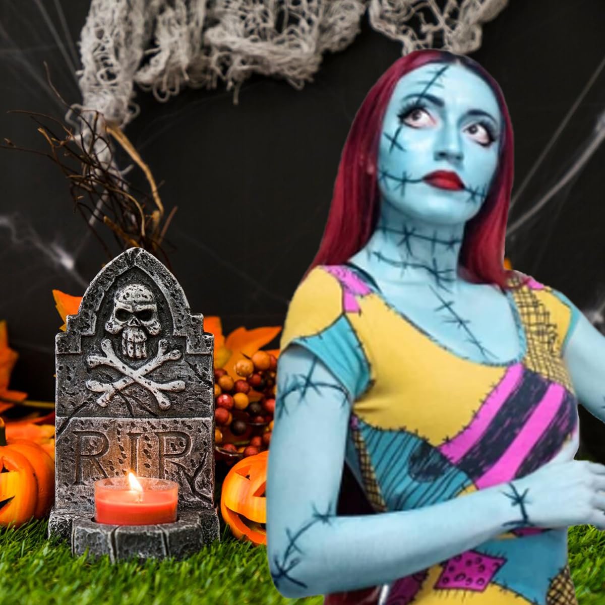 Mysense Sally Makeup Kit,Halloween Sally Costume Corpse Bride Makeup,Sally Face Cosplay Accessories for Women Girls Kids,Light Blue Face Paint+Red Lipstick+Black Liquid Eyeliner+Sponges - Image 5